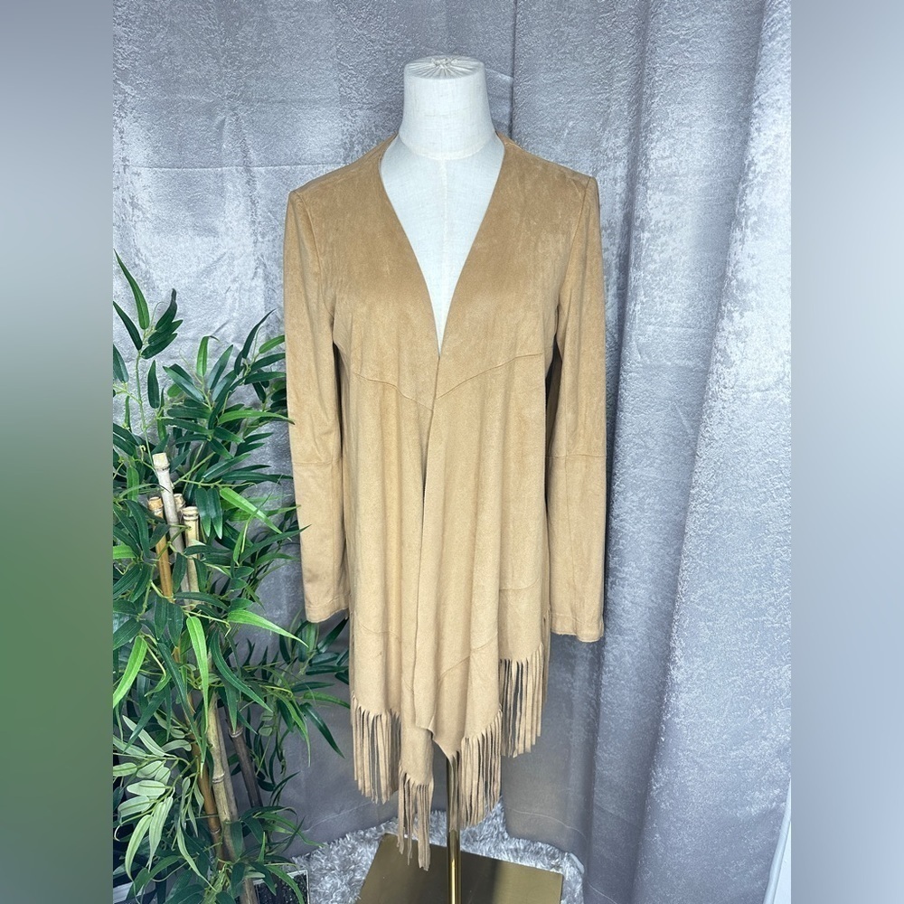 Zara Women’s Tan Faux Suede Fringe Open-Front Cardigan Sz Small